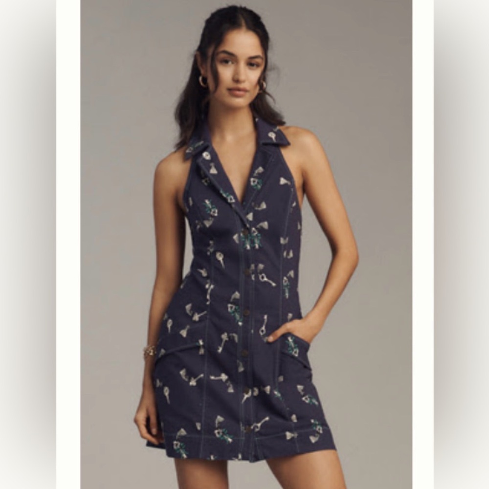 Anthropologie Navy Halter Dress with Key Print